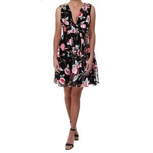Aqua Black Sheer Mesh Floral Embroidered V Neck Layered Formal Party‎ Dress Med